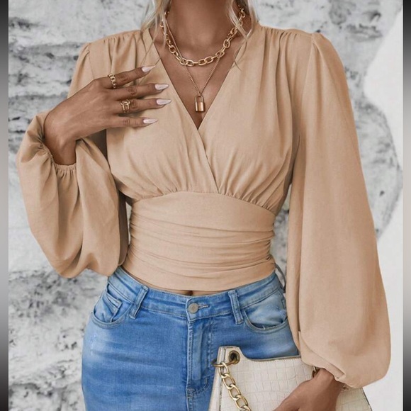 Boho Classic Elegant VNeck Pleated Smocked Long Sleeve Cropped Top Blouse Shirt - Picture 9 of 12